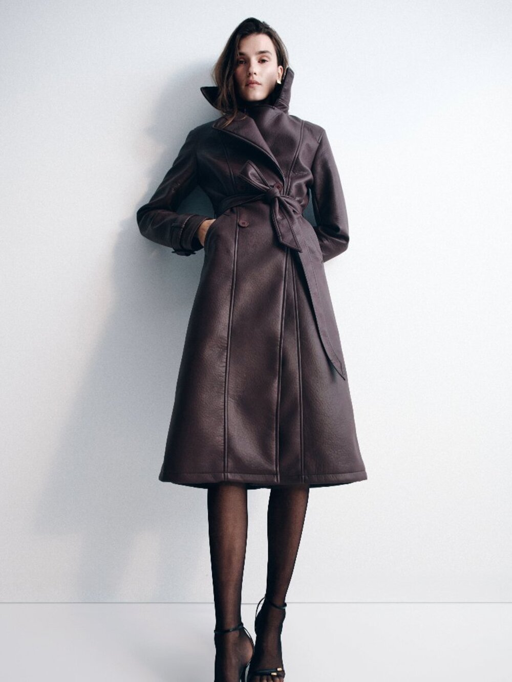 Tarah Textured Faux Leather Trench Coat - Cacao Brown BNWT, Size Small